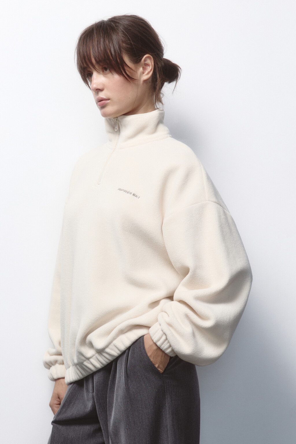 Толстовка half zip флисовая с надписью - цвет бежевый - 3