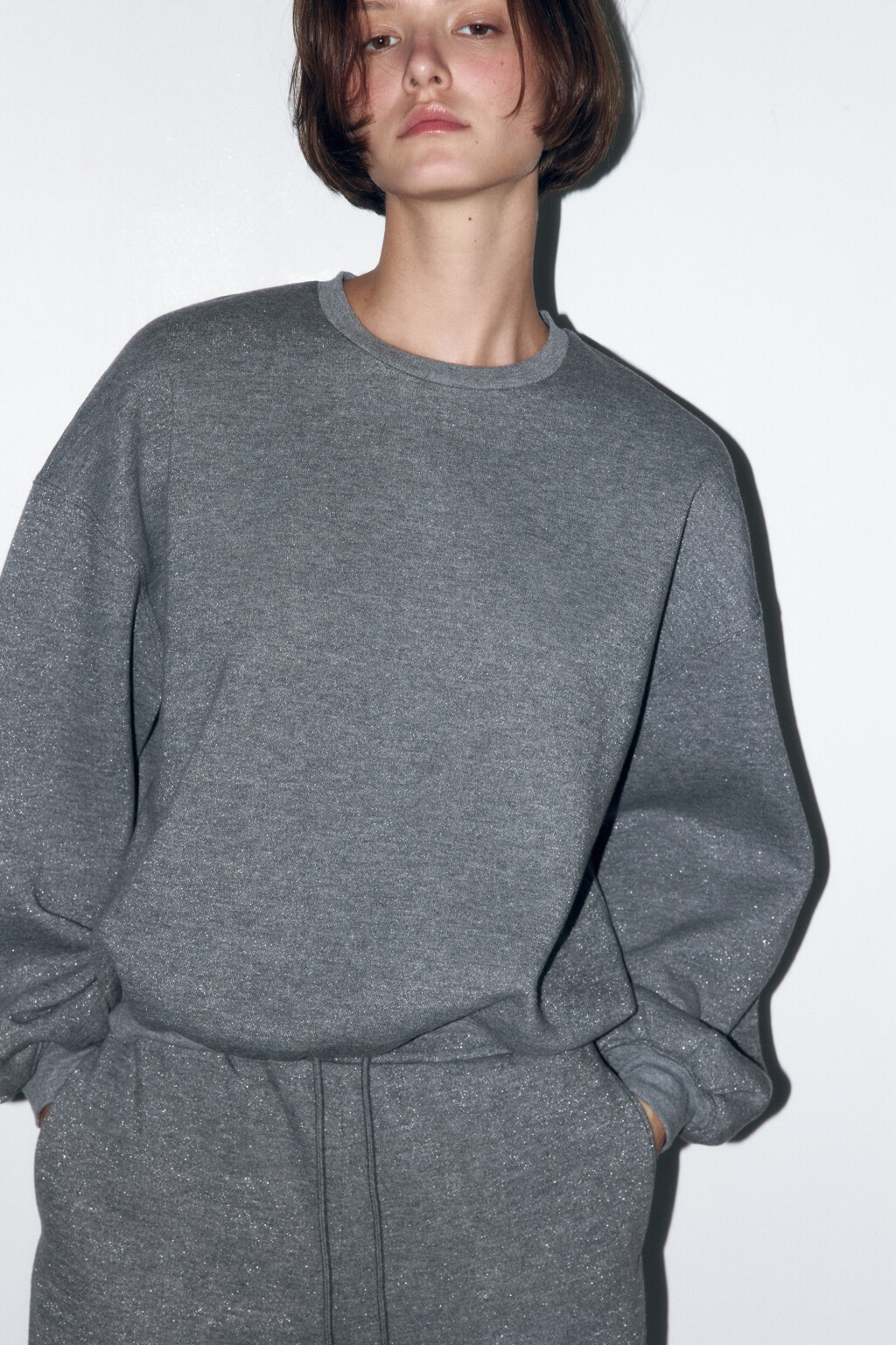 Свитшот oversize трикотажный с люрексом - цвет серый - 1