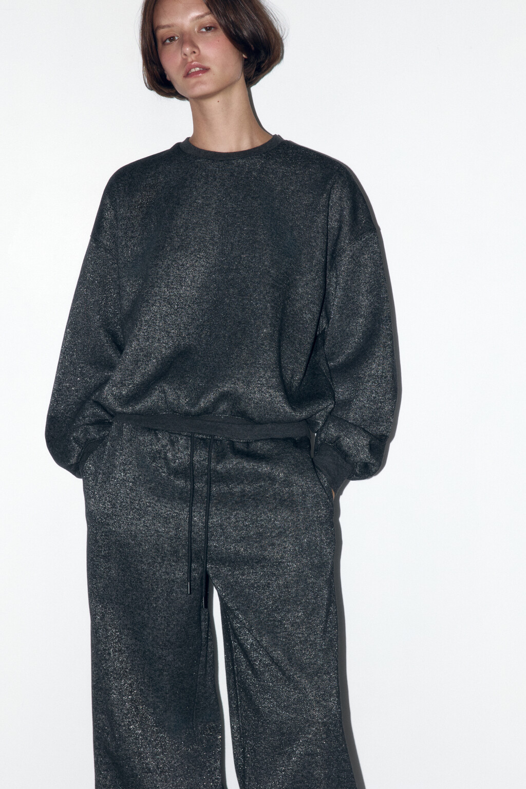Свитшот oversize трикотажный с люрексом - цвет серый - 1