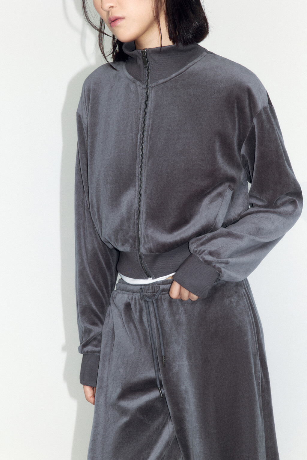 Худи на молнии с велюровой фактурой - цвет серый - 1