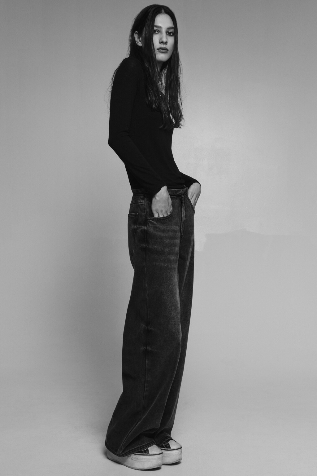 Джинсы широкие с молнией на поясе - цвет серый - 1