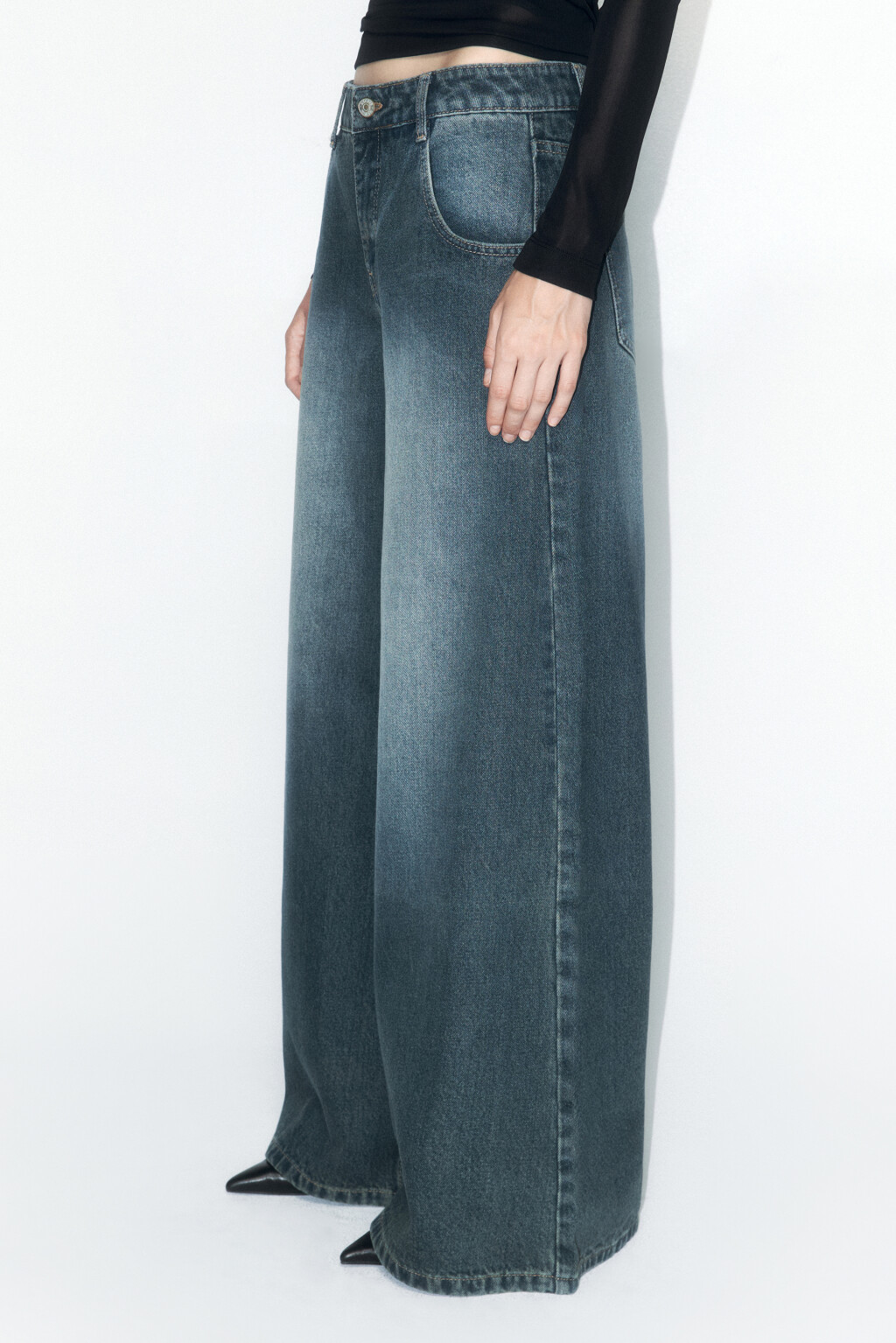Джинсы wide leg широкие со средней посадкой - цвет темный тинт - 4