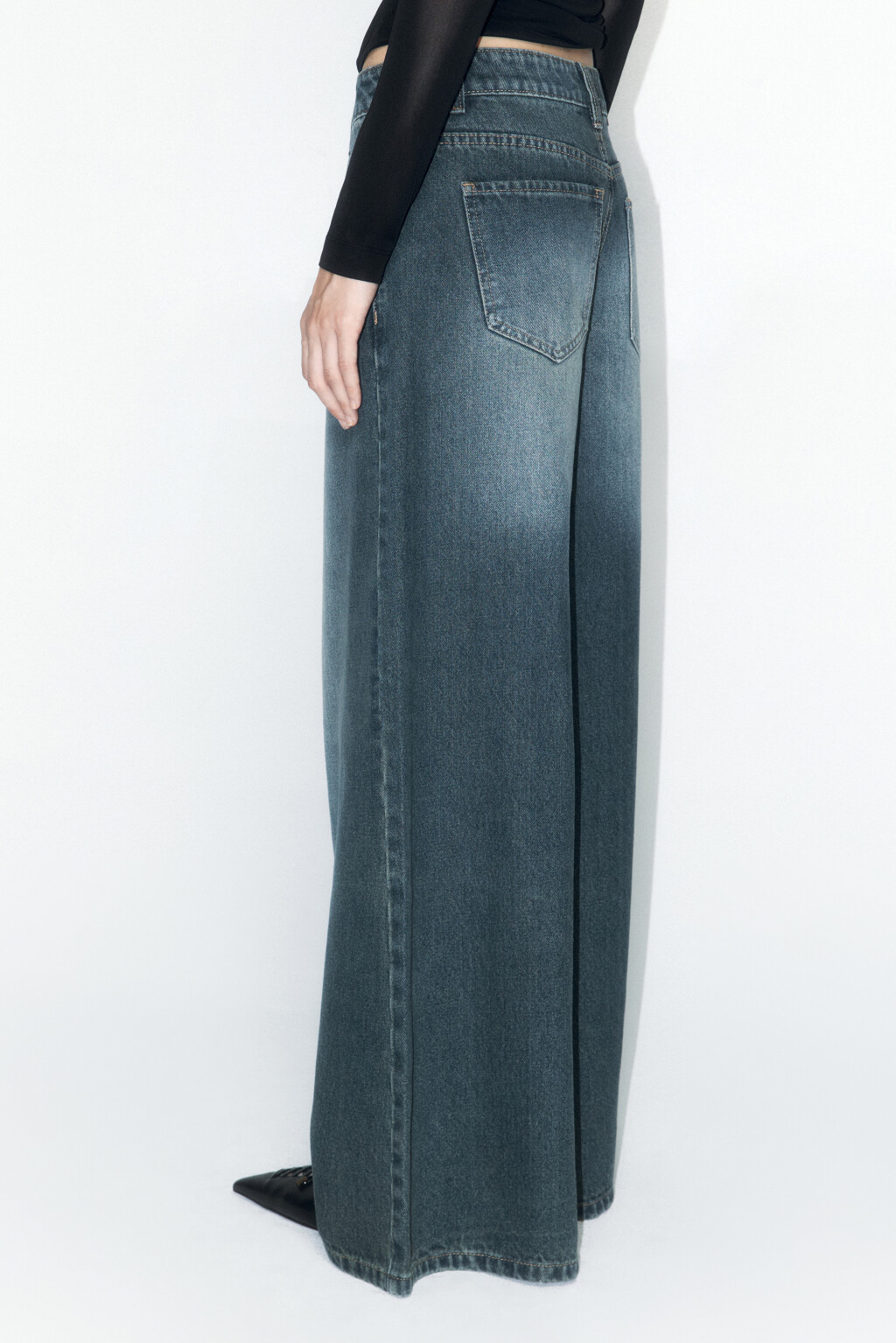 Джинсы wide leg широкие со средней посадкой - цвет темный тинт - 5