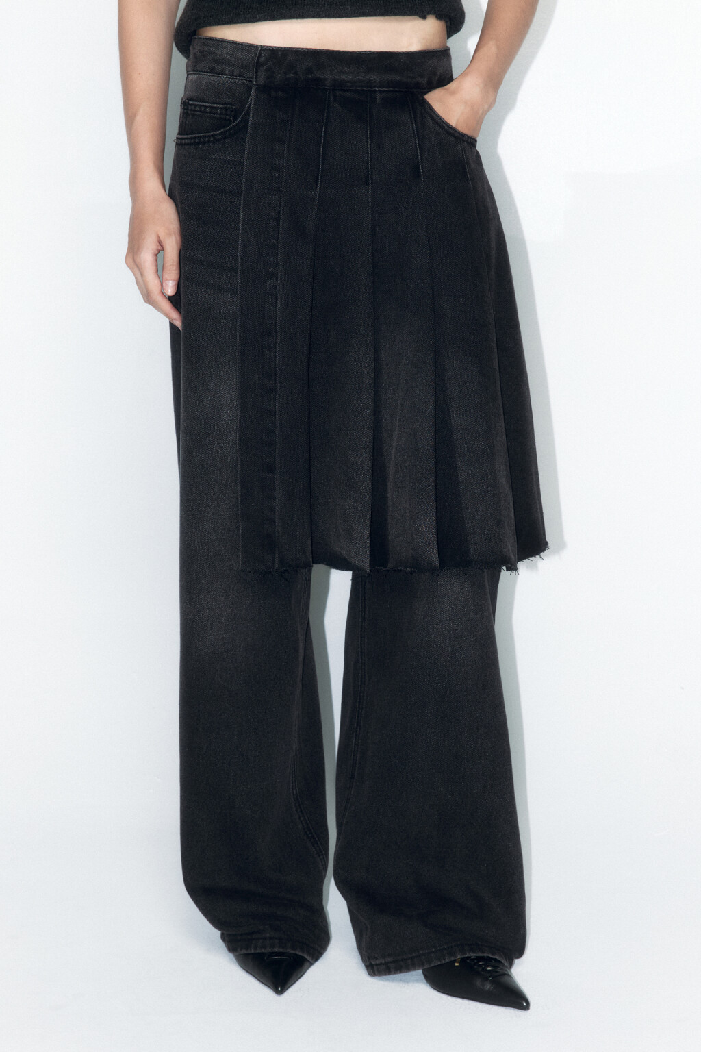 Джинсы широкие с плиссированной юбкой - цвет серый - 3