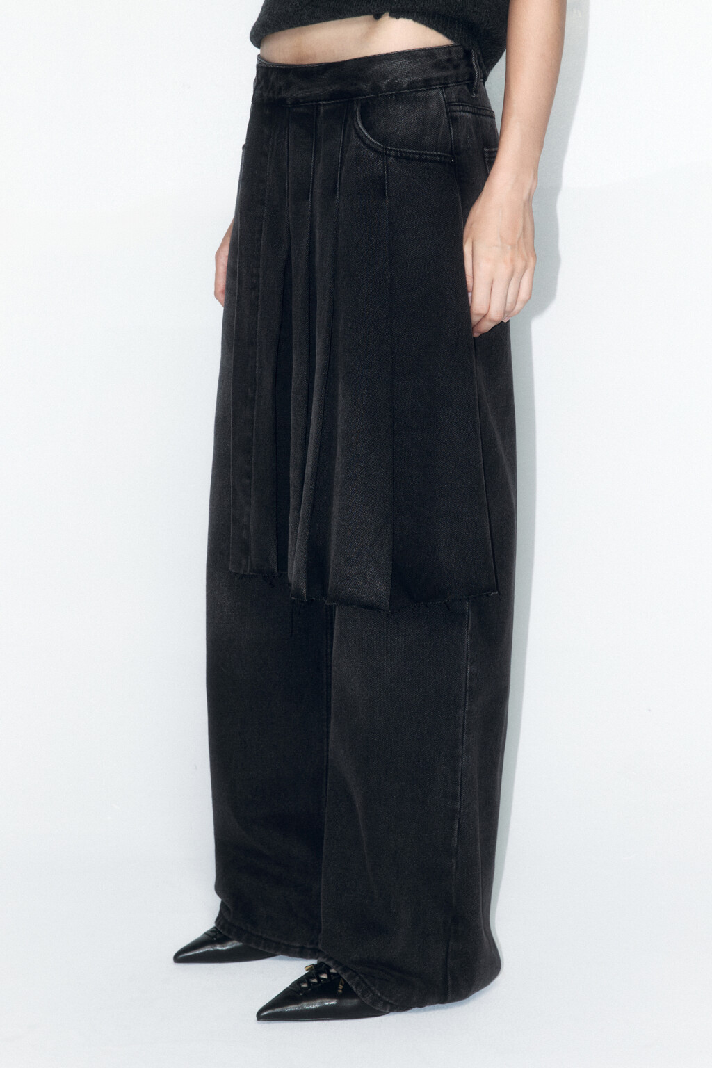 Джинсы широкие с плиссированной юбкой - цвет серый - 4