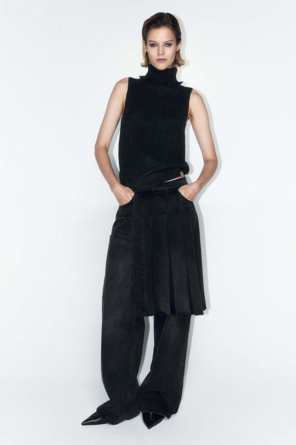 Джинсы широкие с плиссированной юбкой - цвет серый - 2