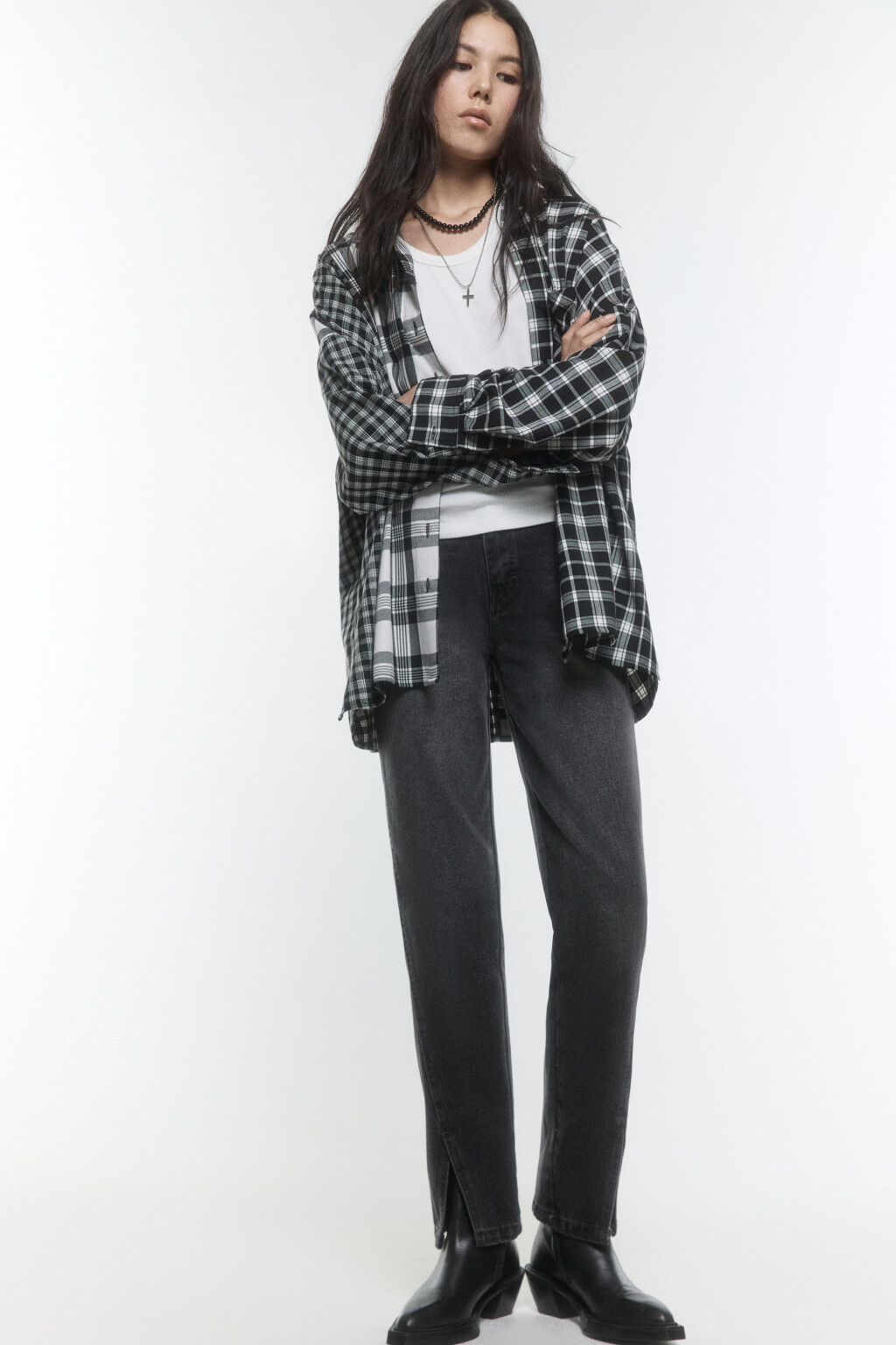 Джинсы прямые с высокой посадкой и разрезами - цвет серый - 1