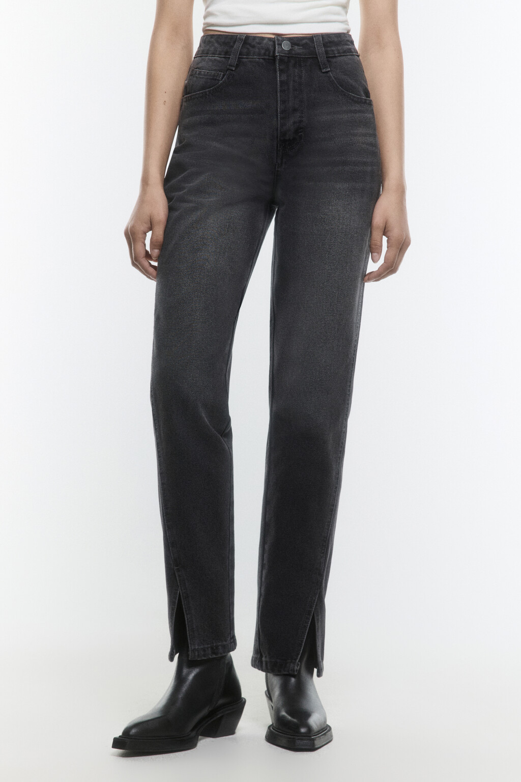 Джинсы прямые с высокой посадкой и разрезами - цвет серый - 2