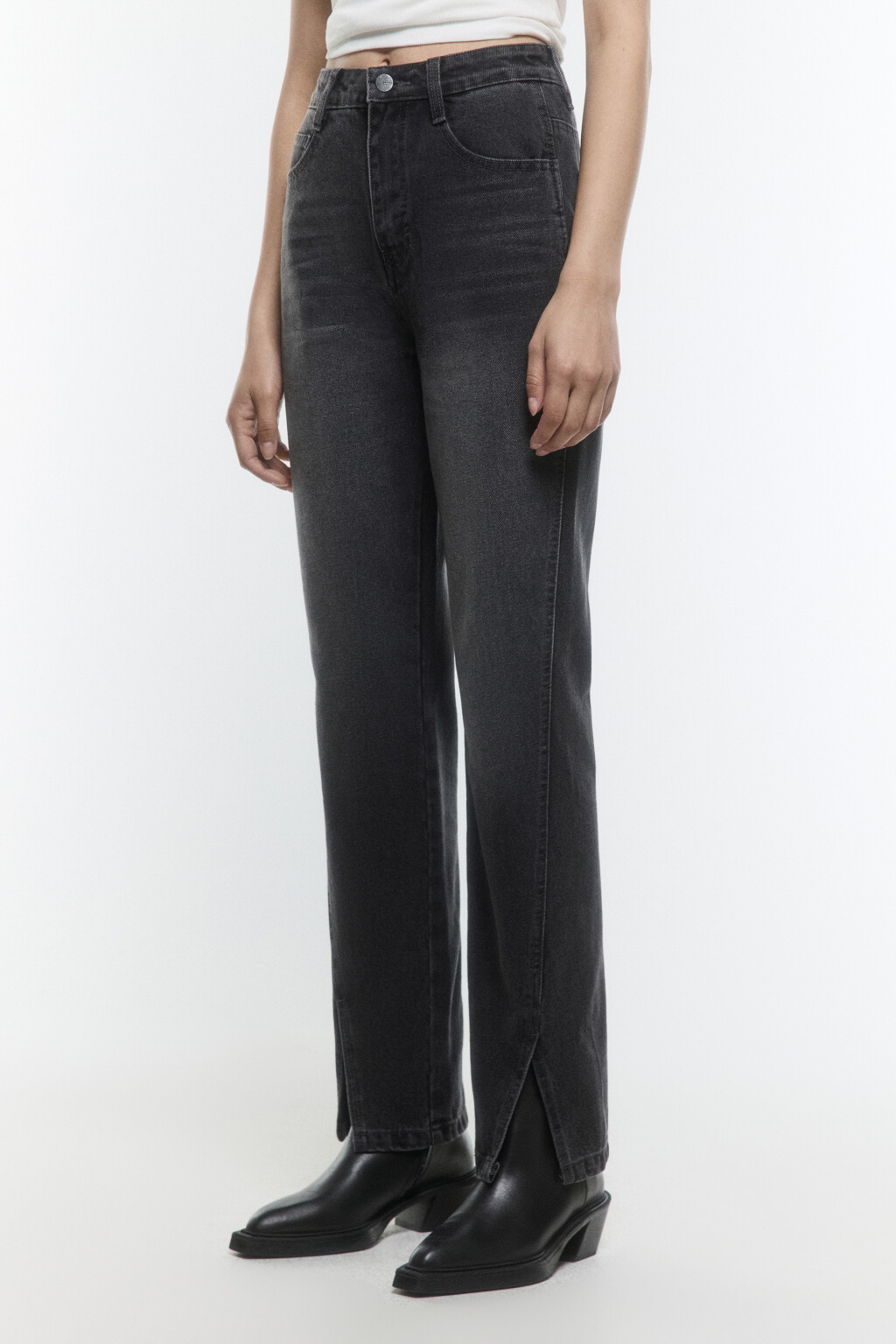 Джинсы прямые с высокой посадкой и разрезами - цвет серый - 3
