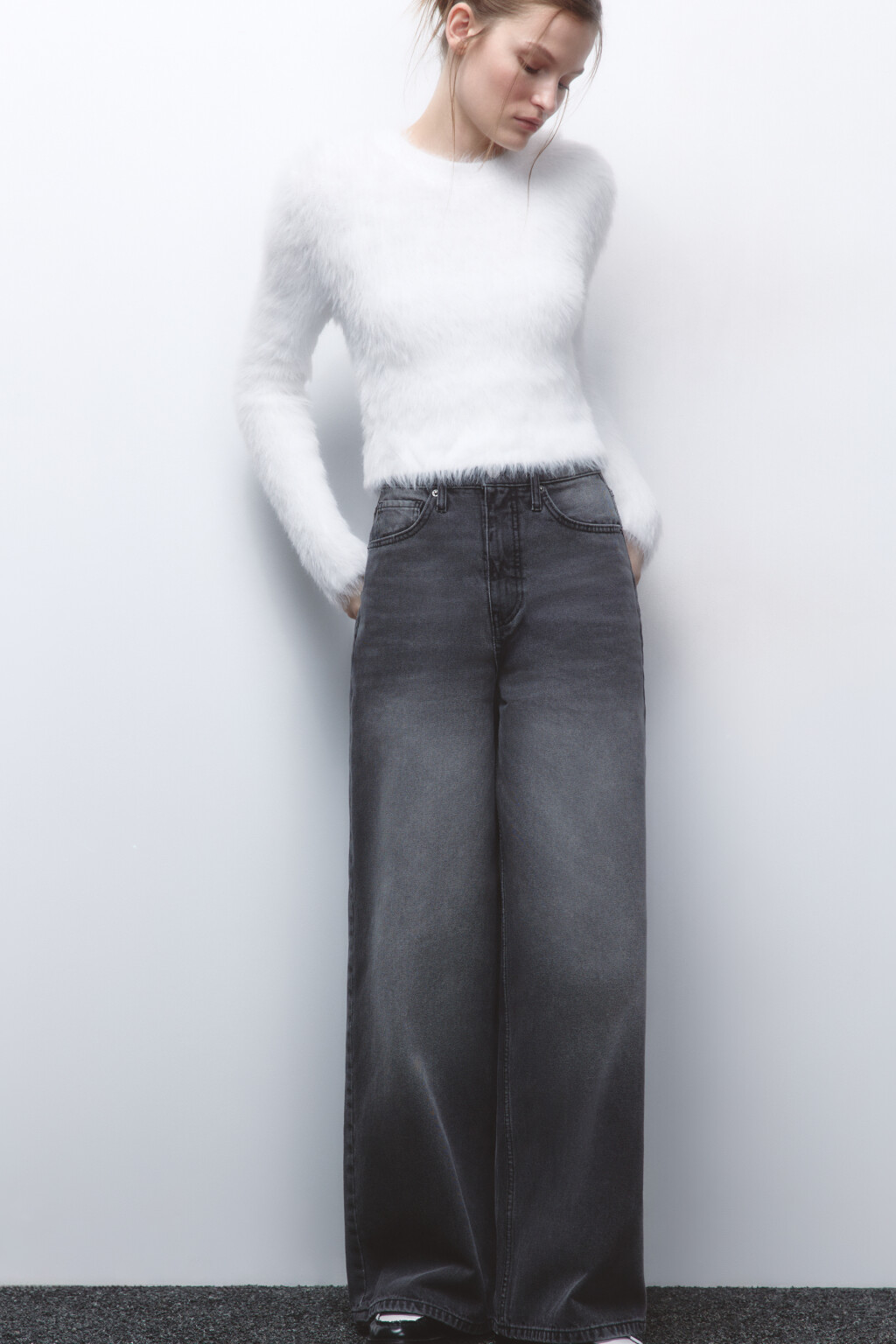 Джинсы wide leg широкие с высокой посадкой - цвет серый - 1