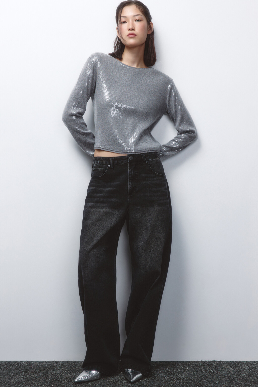 Джинсы широкие с высокой посадкой - цвет черный - 1