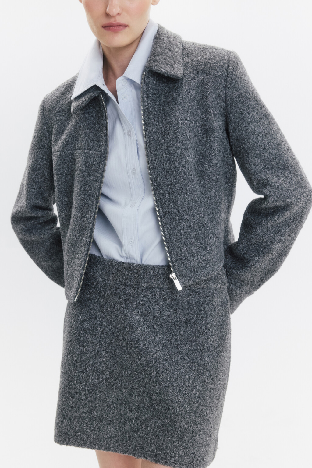 Жакет укороченный из ткани букле - цвет серый - 3