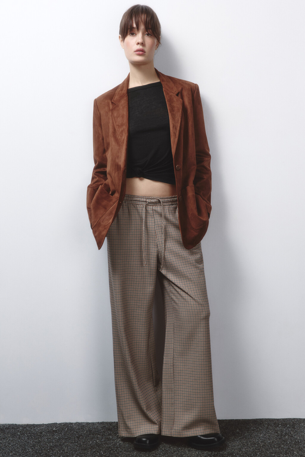 Брюки широкие клетчатые с поясом на завязках - цвет бежевый - 1