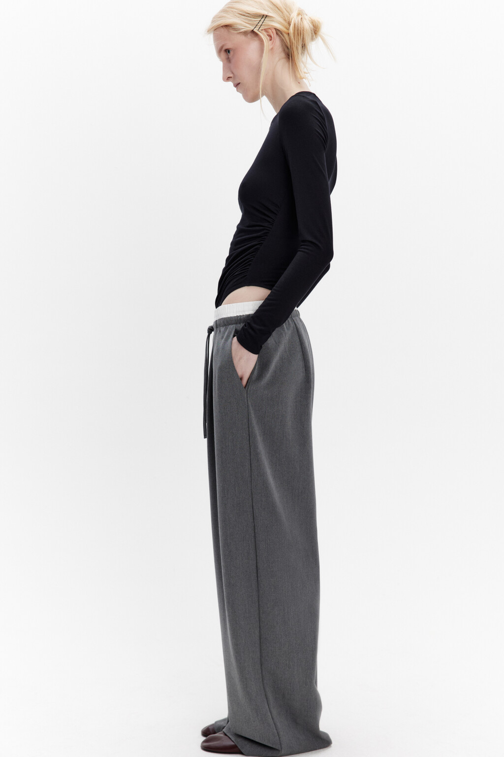 Брюки широкие костюмные с двойным поясом - цвет серый - 2