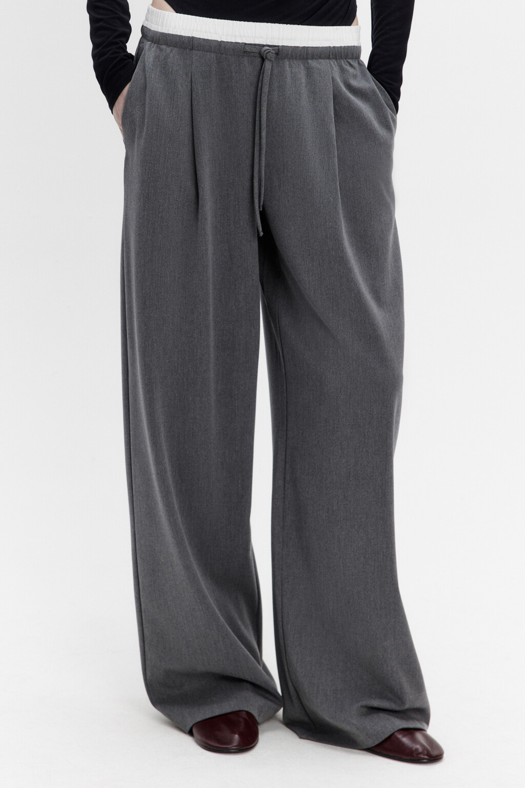 Брюки широкие костюмные с двойным поясом - цвет серый - 3