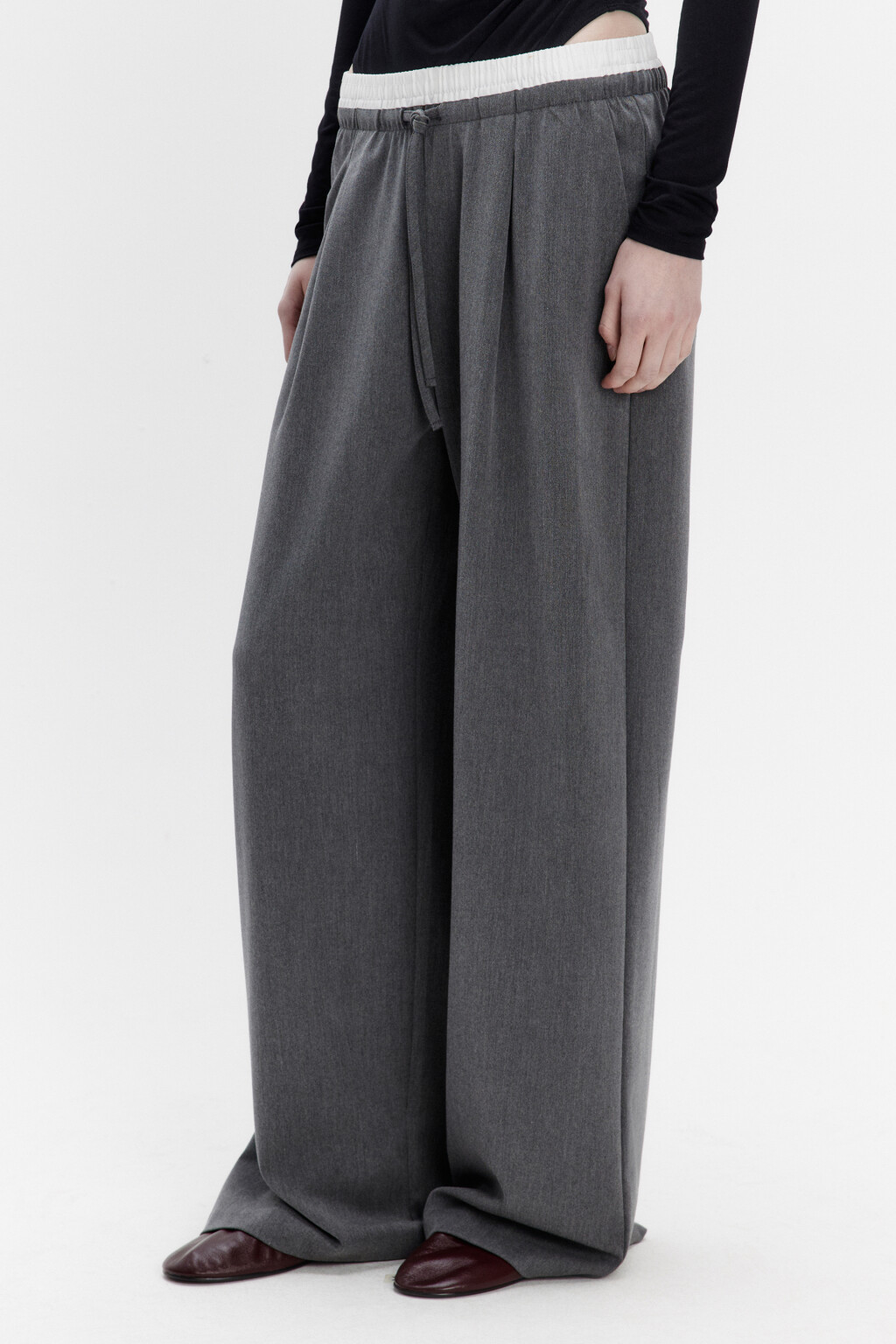 Брюки широкие костюмные с двойным поясом - цвет серый - 4