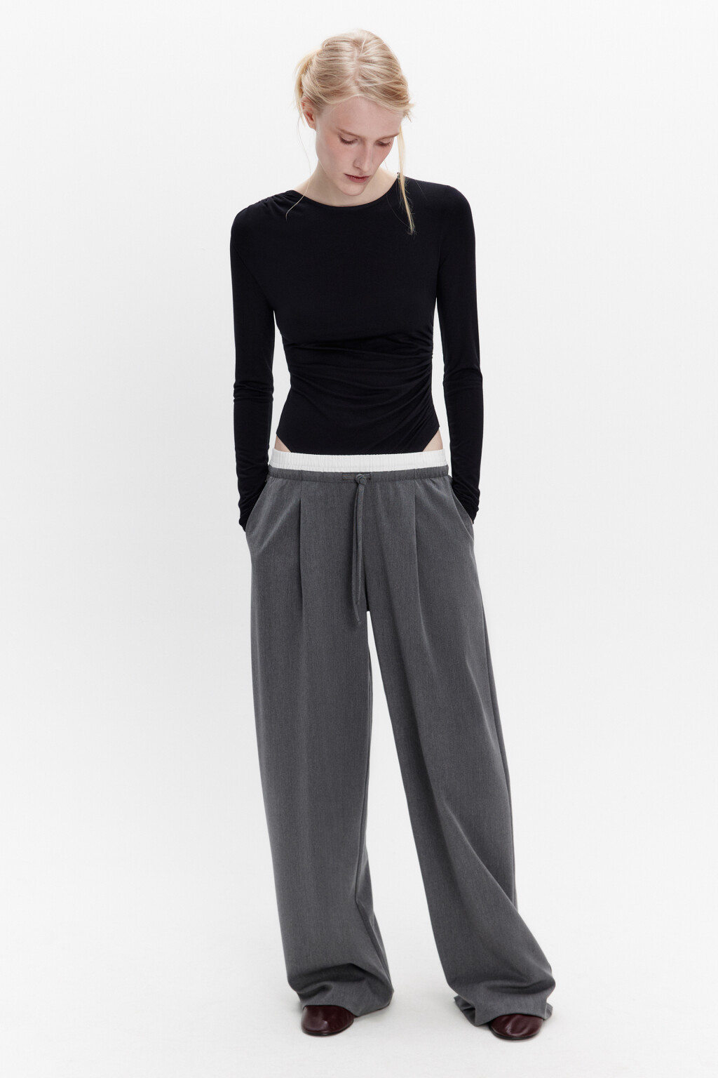 Брюки широкие костюмные с двойным поясом - цвет серый - 6