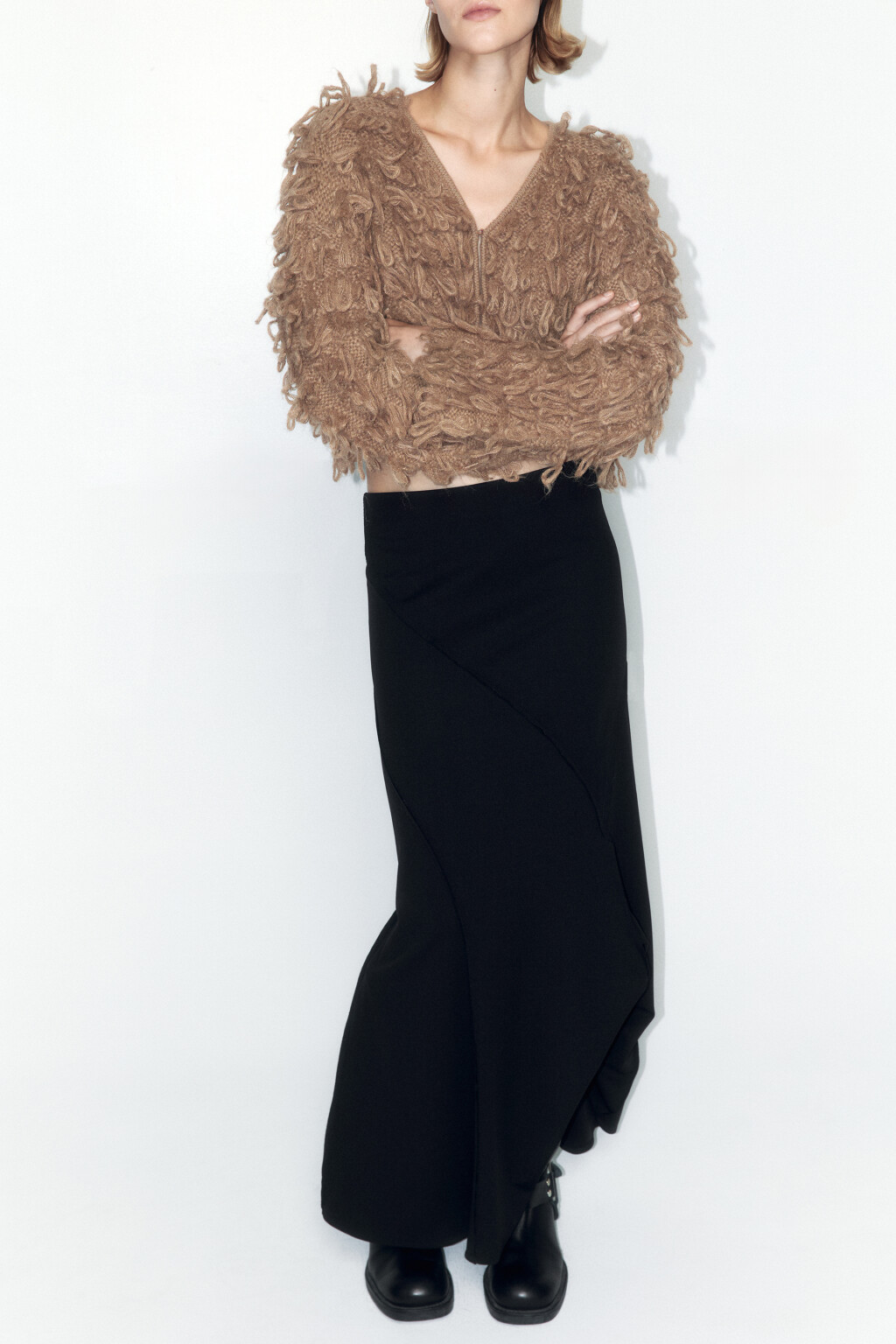 Юбка-годе макси трикотажная с воланом - цвет черный - 1