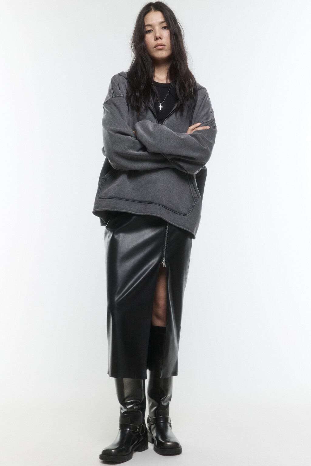 Юбка миди прямая с разрезом и ремнем - цвет черный - 1