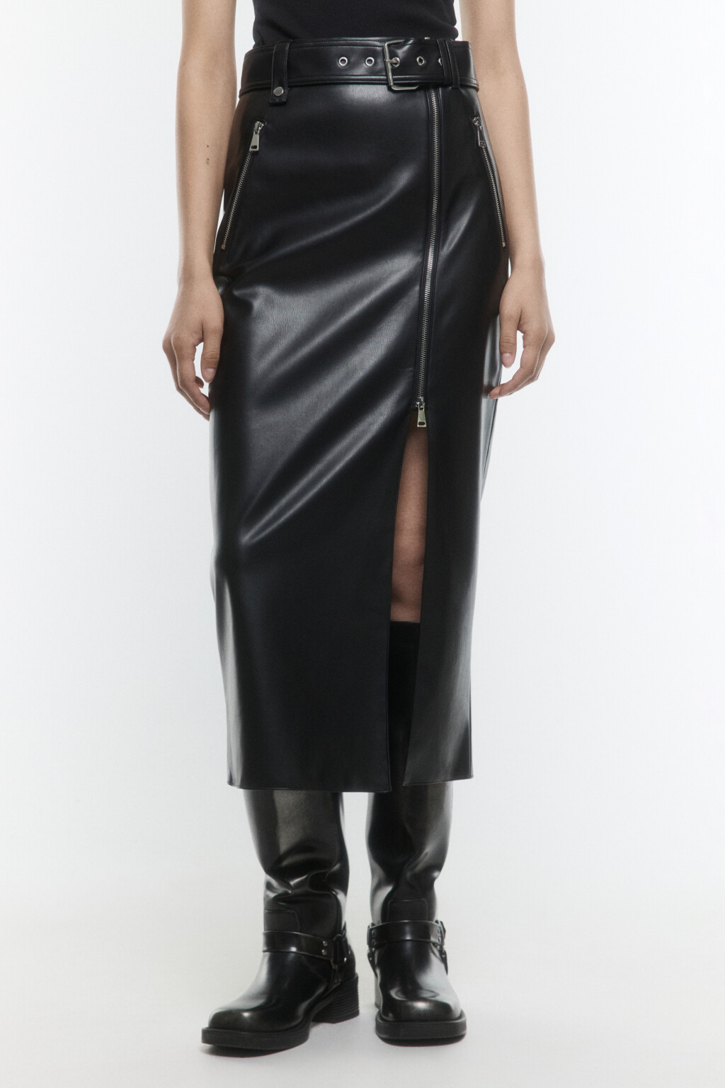 Юбка миди прямая с разрезом и ремнем - цвет черный - 2