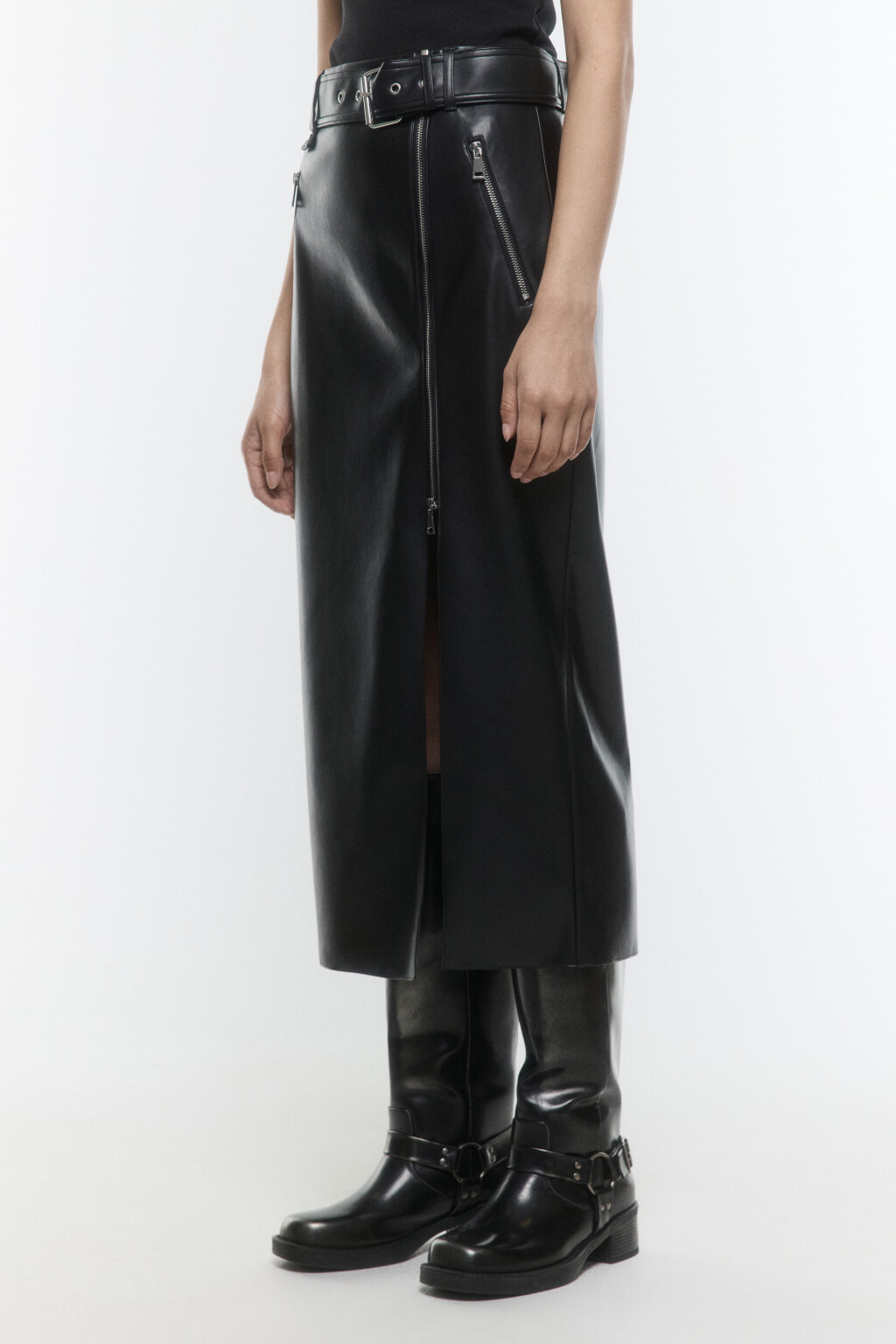 Юбка миди прямая с разрезом и ремнем - цвет черный - 3