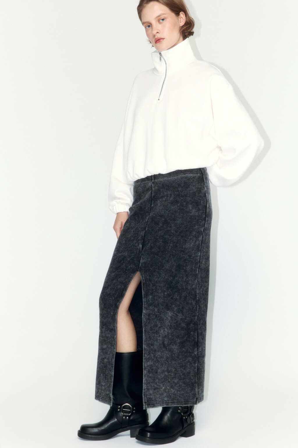 Юбка миди трикотажная с вареным эффектом - цвет серый - 1