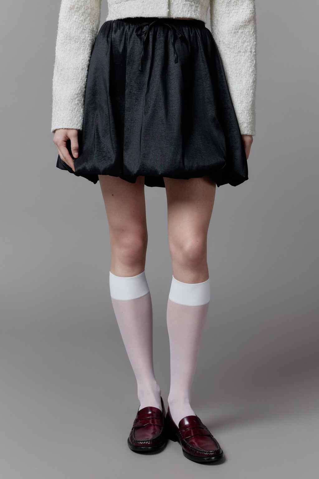 Юбка-баллон мини с поясом на завязках - цвет черный - 2