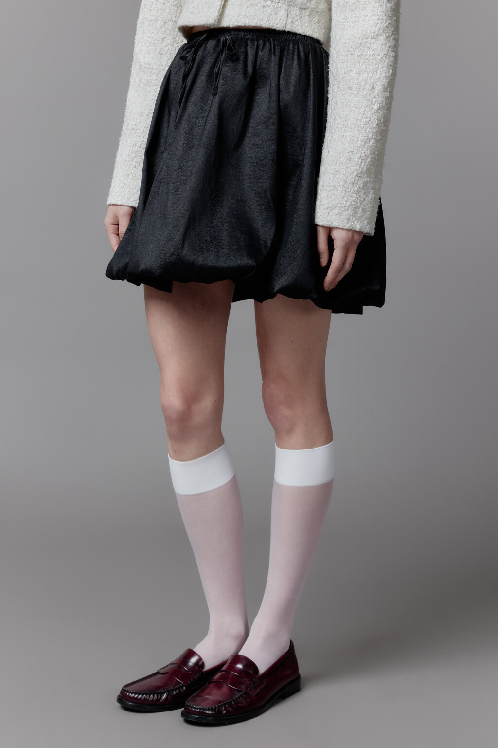 Юбка-баллон мини с поясом на завязках - цвет черный - 3