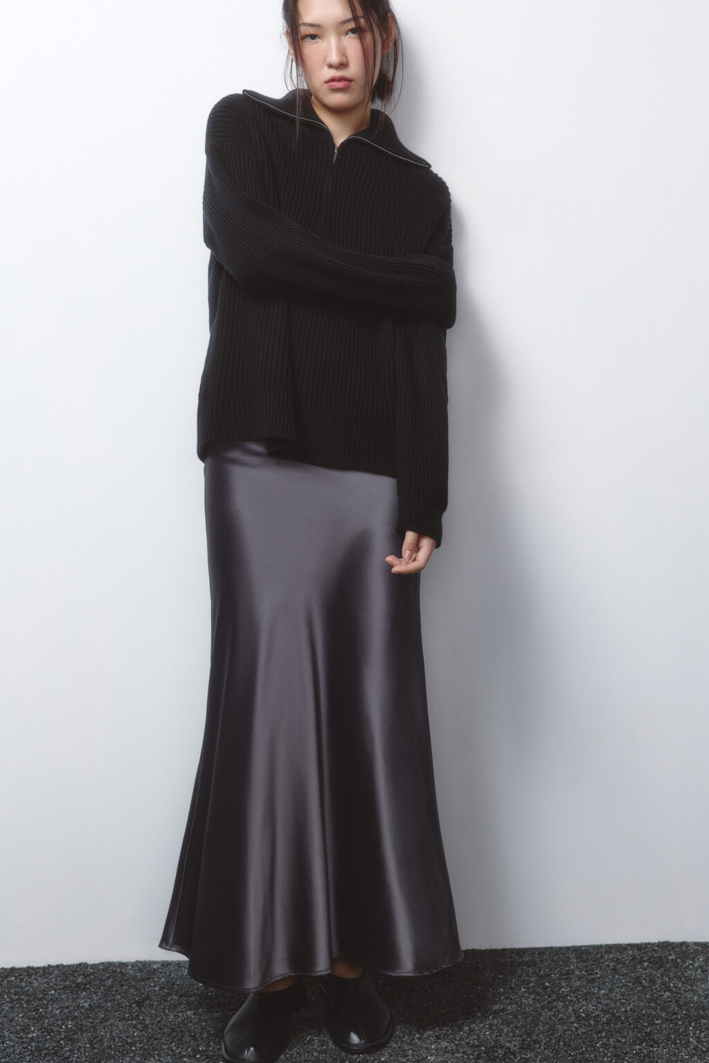 Юбка-годе макси атласная - цвет серый - 1