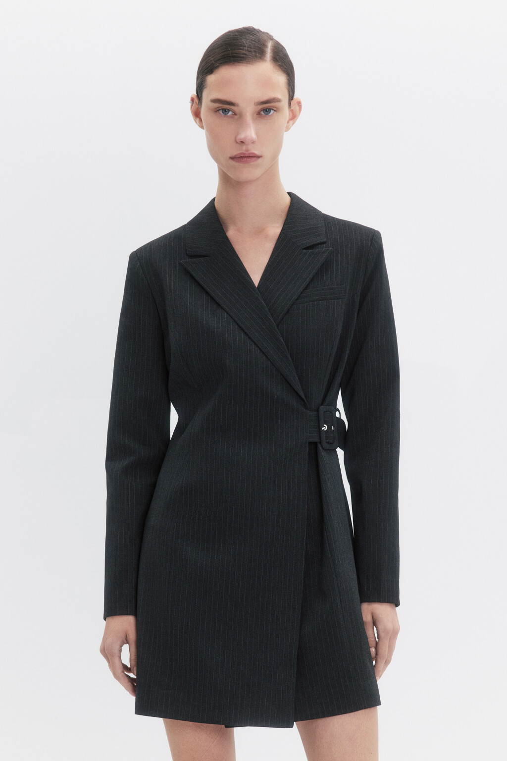 Платье-пиджак мини на запах с ремешком - цвет серый - 2