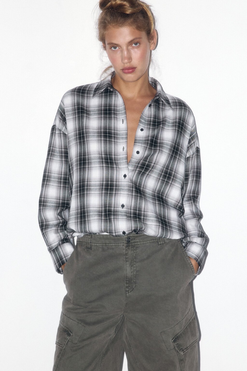 Рубашка oversize с принтом в черно-белую клетку - цвет черный - 1