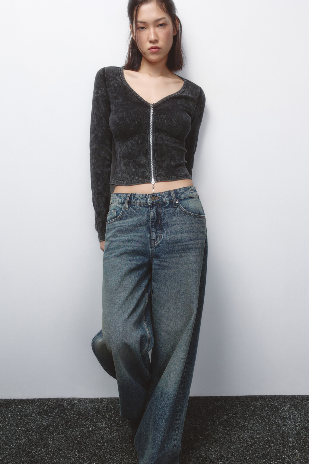 Лонгслив на молнии с вареным эффектом - цвет серый - 2