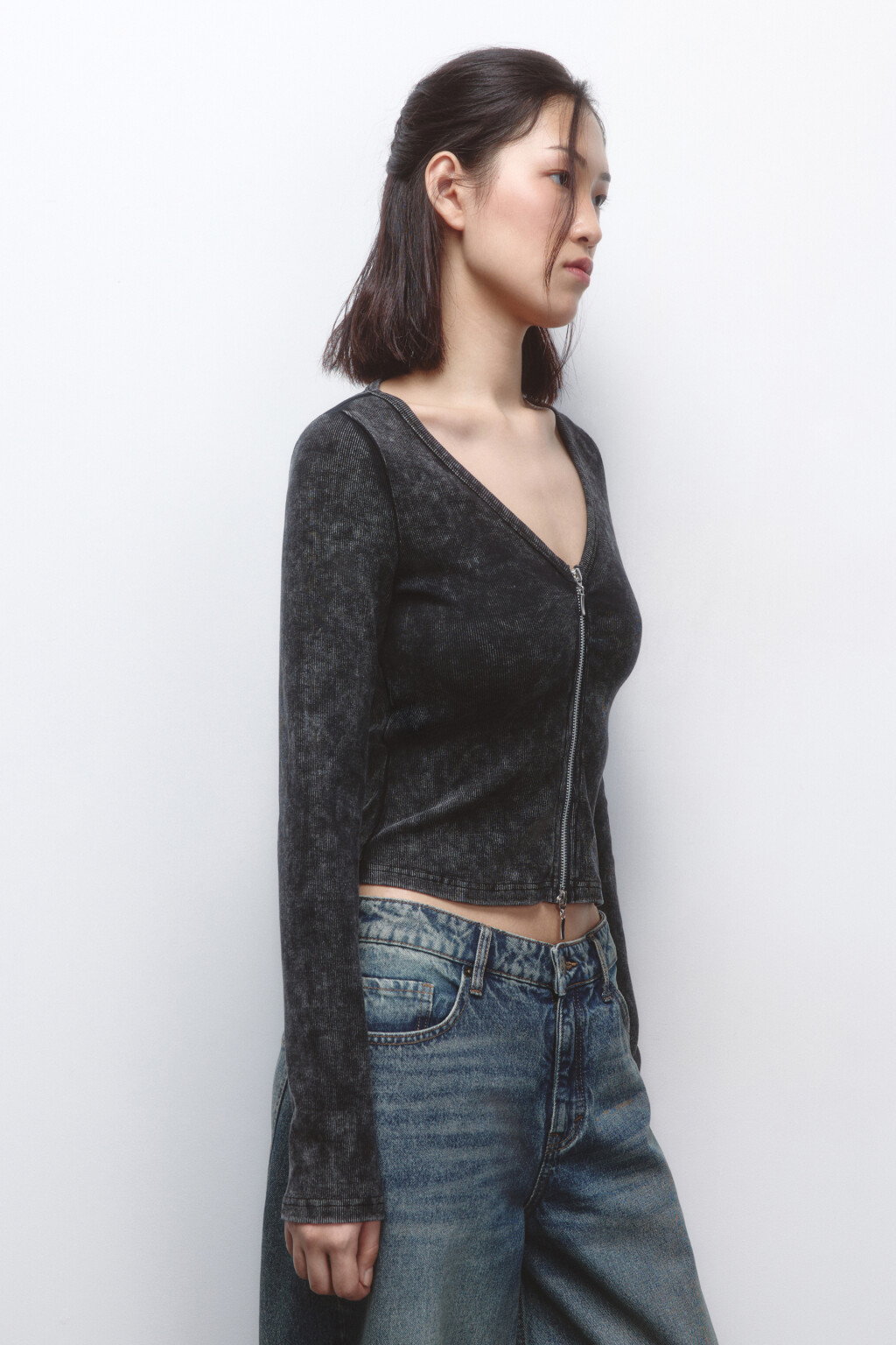 Лонгслив на молнии с вареным эффектом - цвет серый - 3