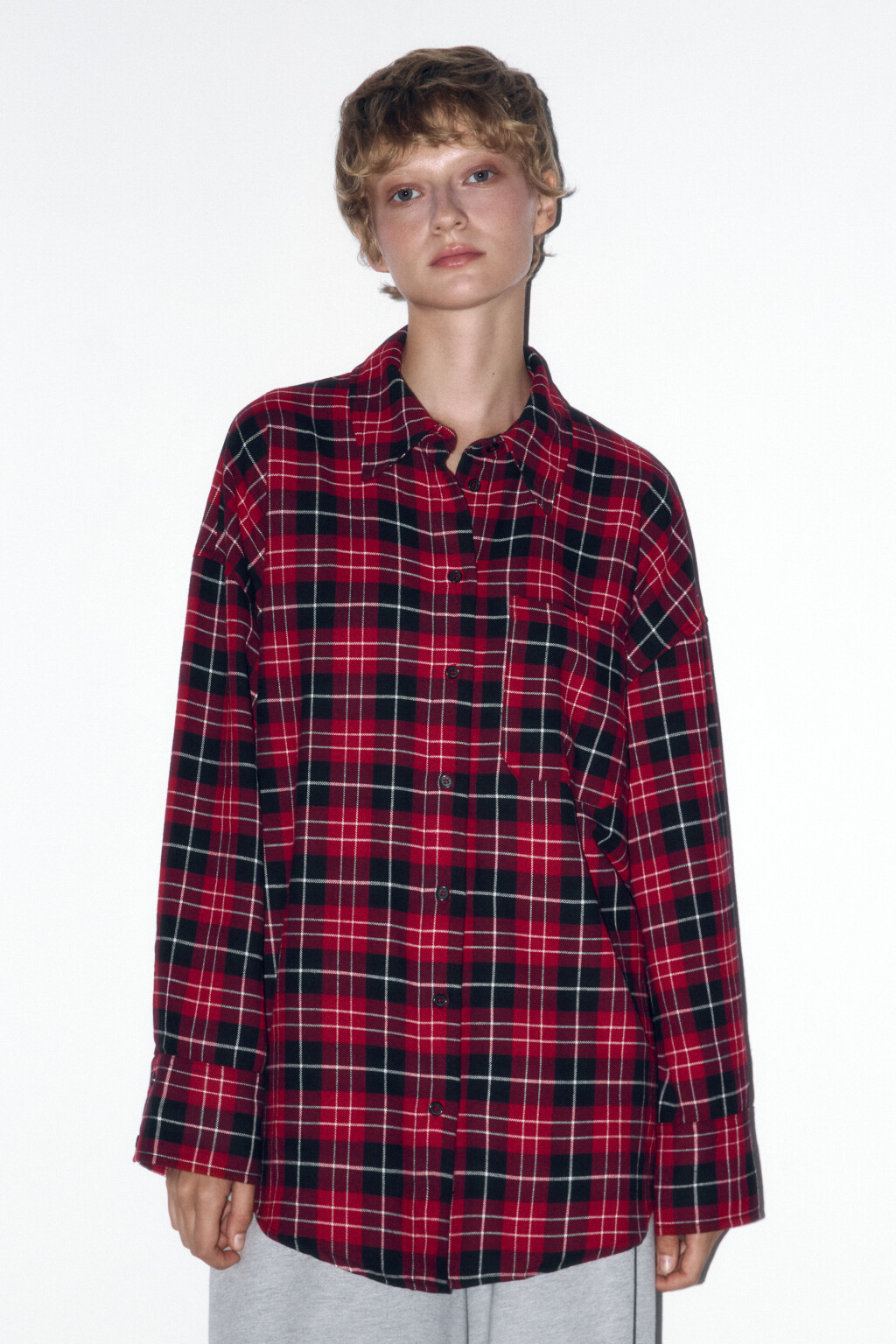 Рубашка оверсайз хлопковая в клетку - цвет красный - 2