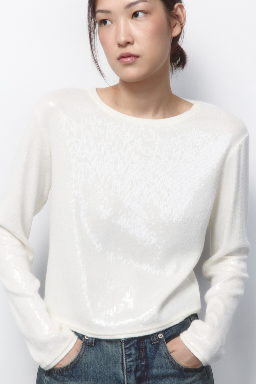 Лонгслив трикотажный с прозрачными пайетками - цвет бежевый - 1