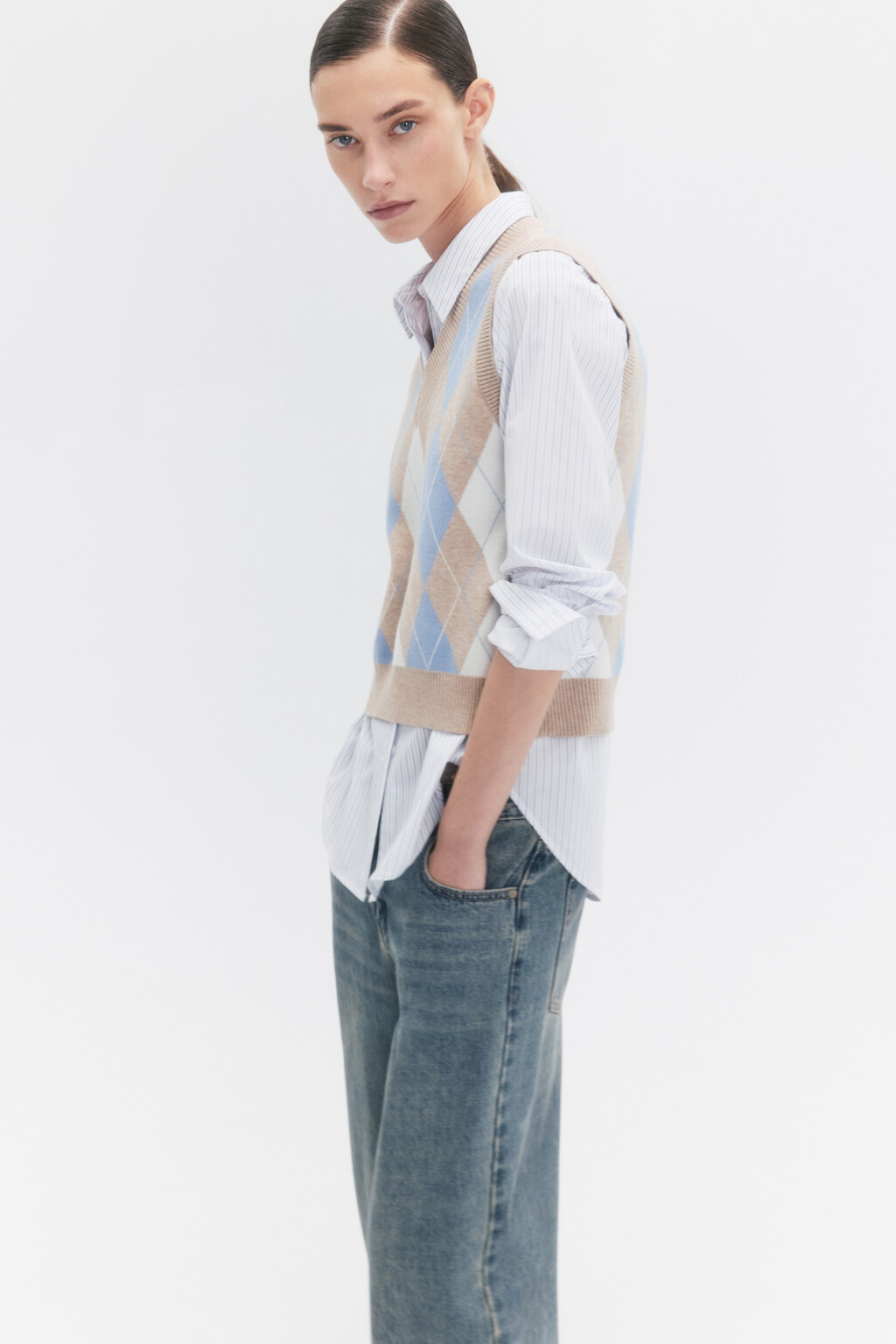 Жилет вязаный укороченный с принтом аргайл - цвет бежевый - 1