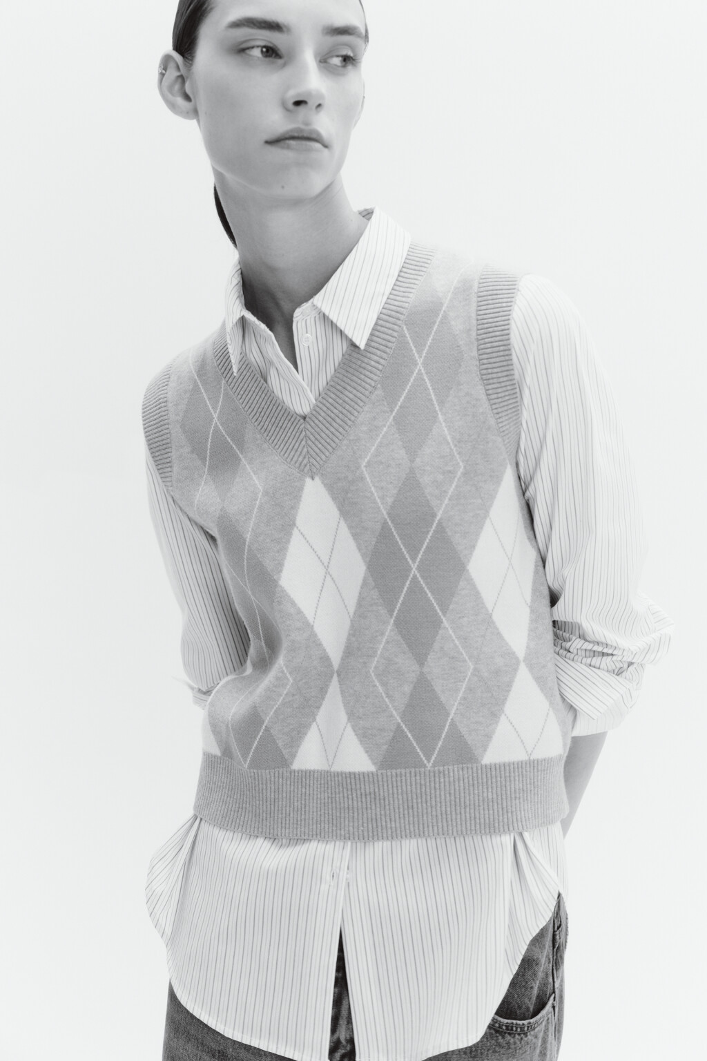 Жилет вязаный укороченный с принтом аргайл - цвет бежевый - 2