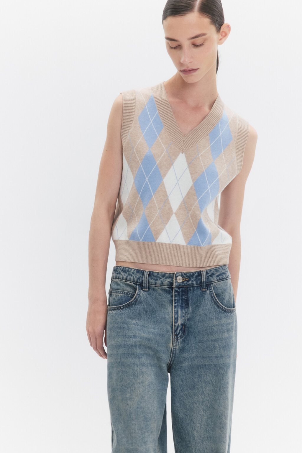 Жилет вязаный укороченный с принтом аргайл - цвет бежевый - 3