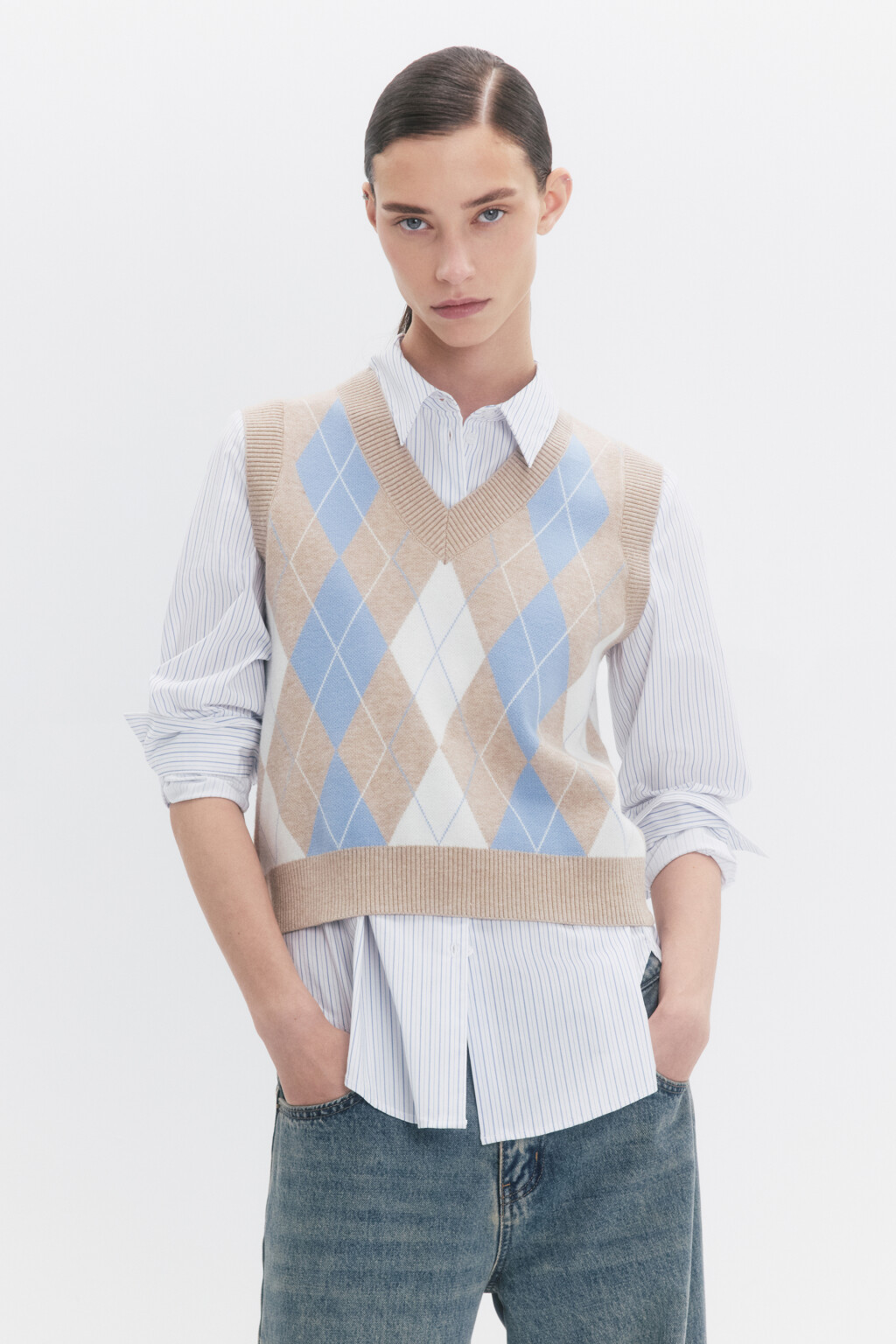 Жилет вязаный укороченный с принтом аргайл - цвет бежевый - 4
