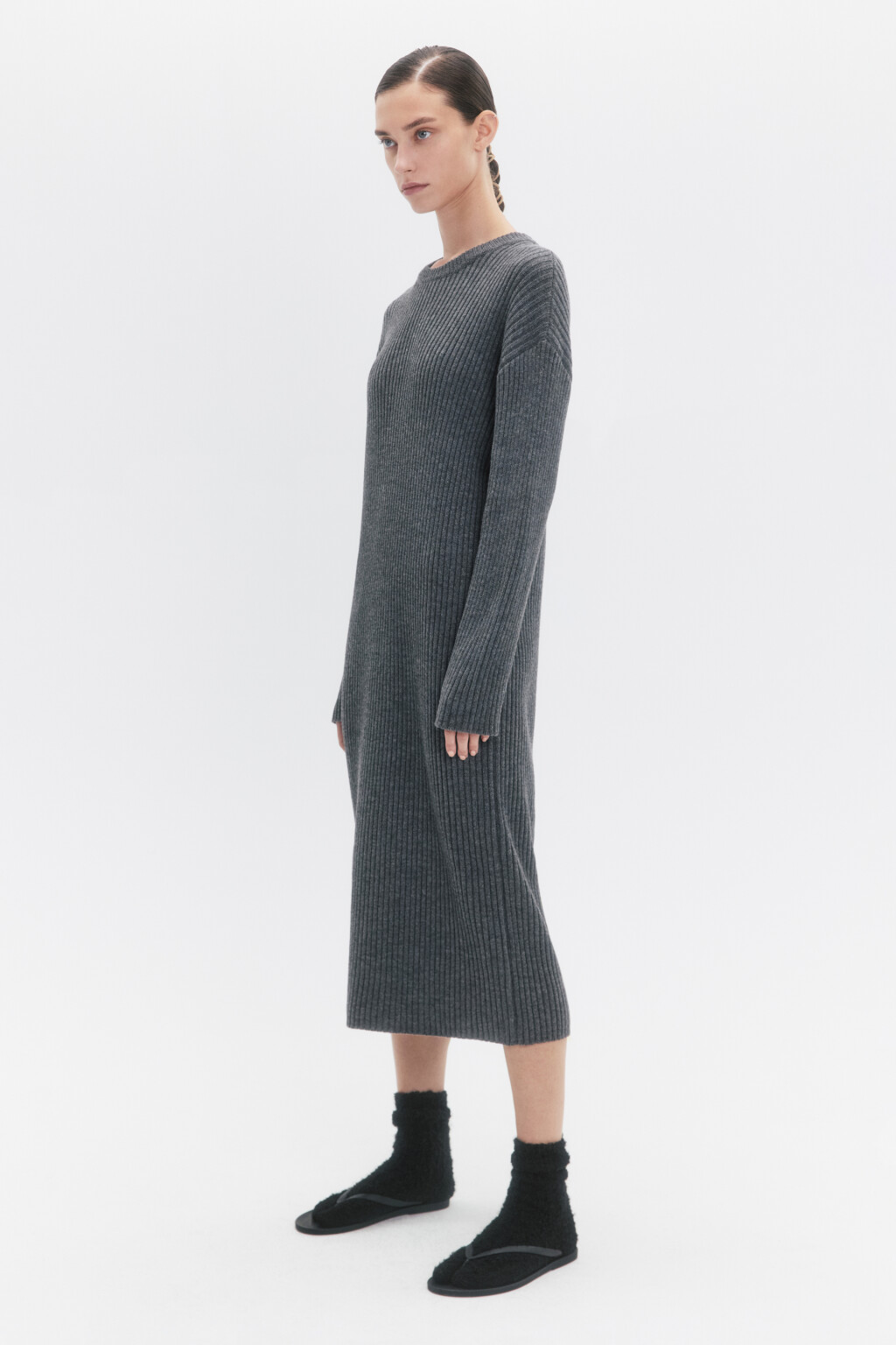 Платье миди вязаное в рубчик - цвет серый - 3