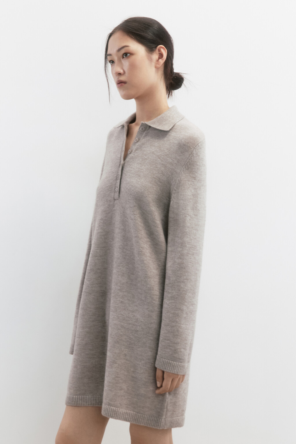 Платье миди вязаное с воротником-поло - цвет бежевый - 3