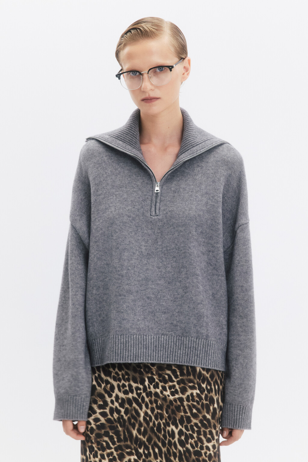 Джемпер вязаный с воротником на молнии - цвет серый - 3
