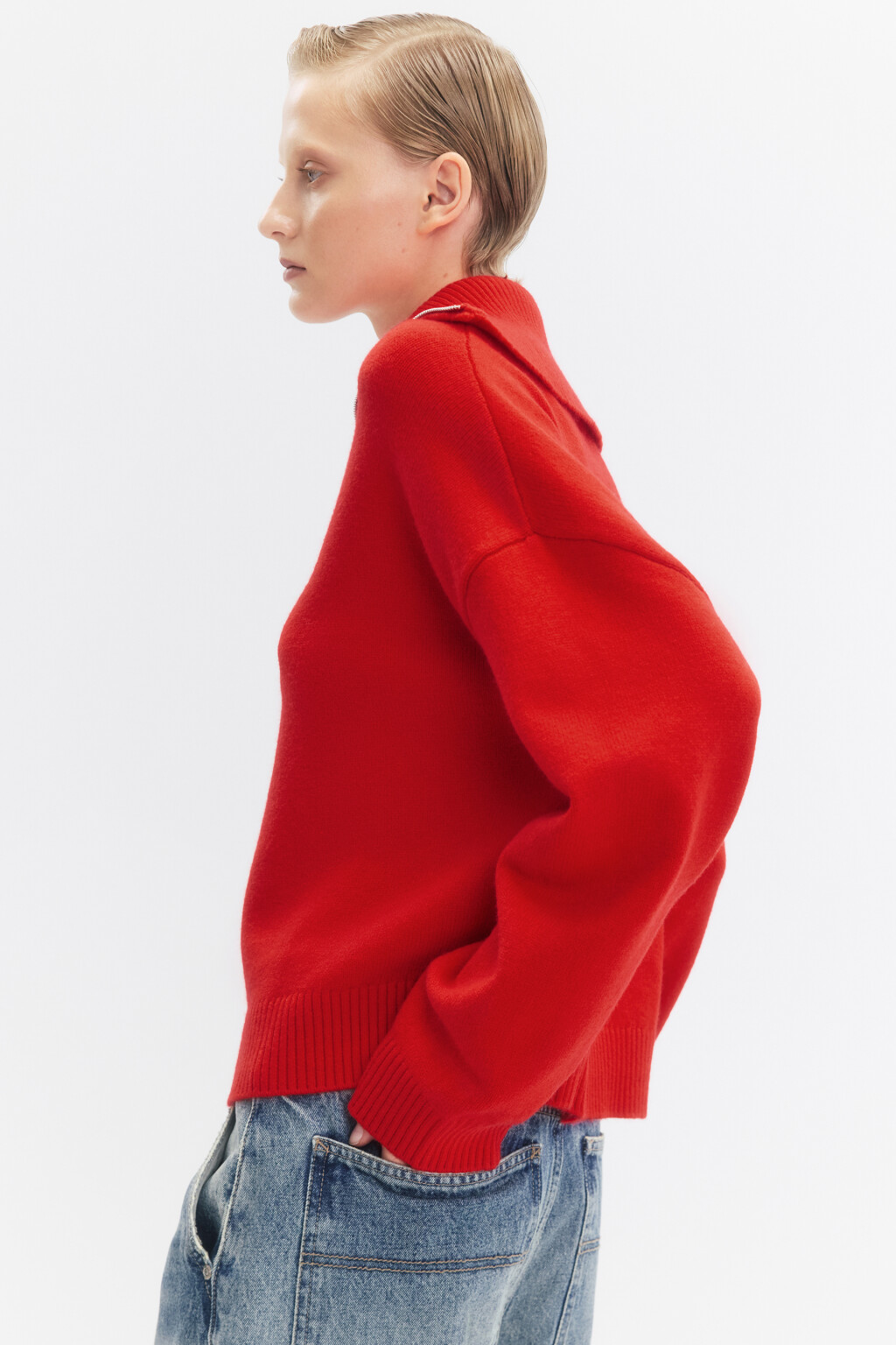 Джемпер вязаный с воротником на молнии - цвет красный - 1