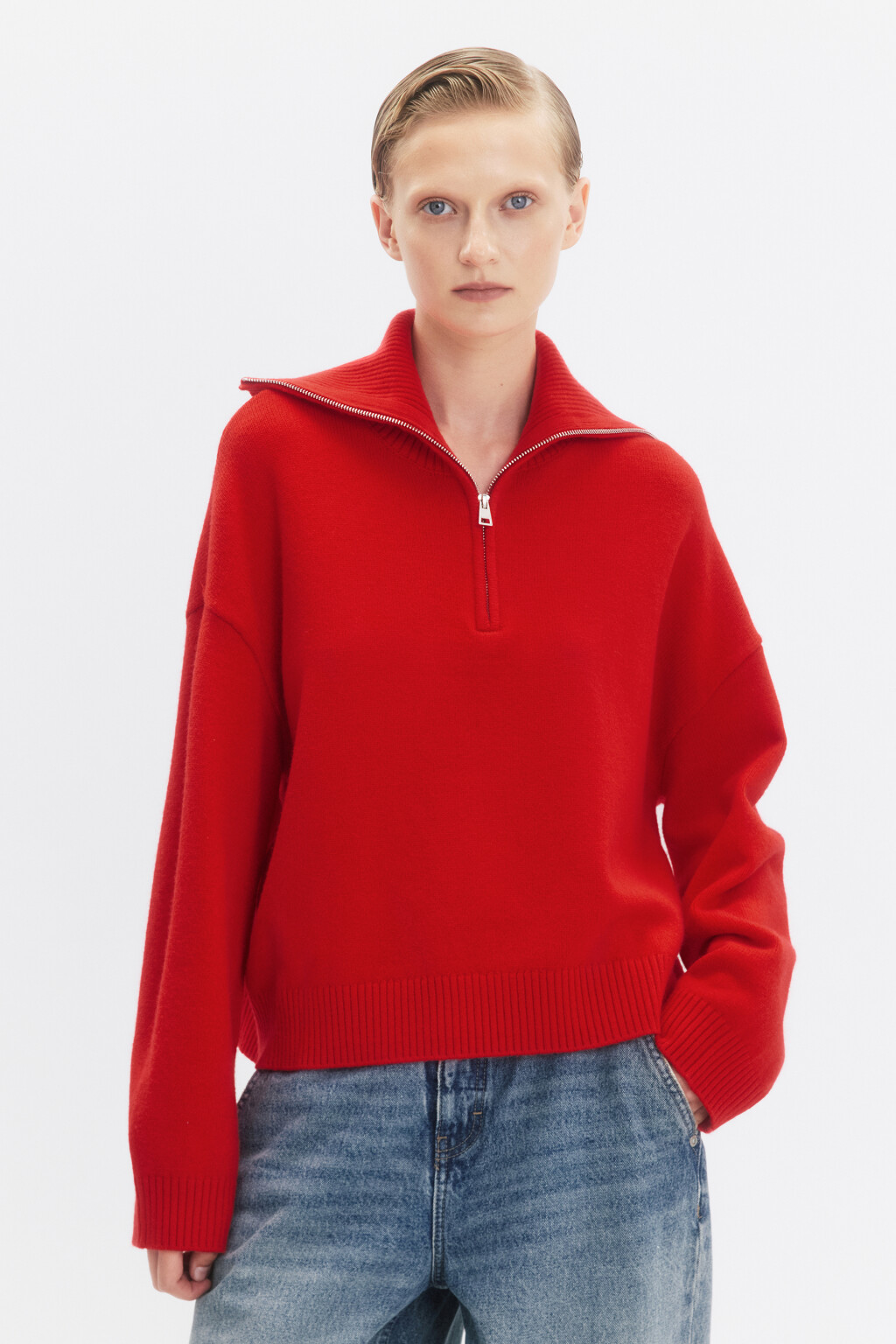 Джемпер вязаный с воротником на молнии - цвет красный - 2
