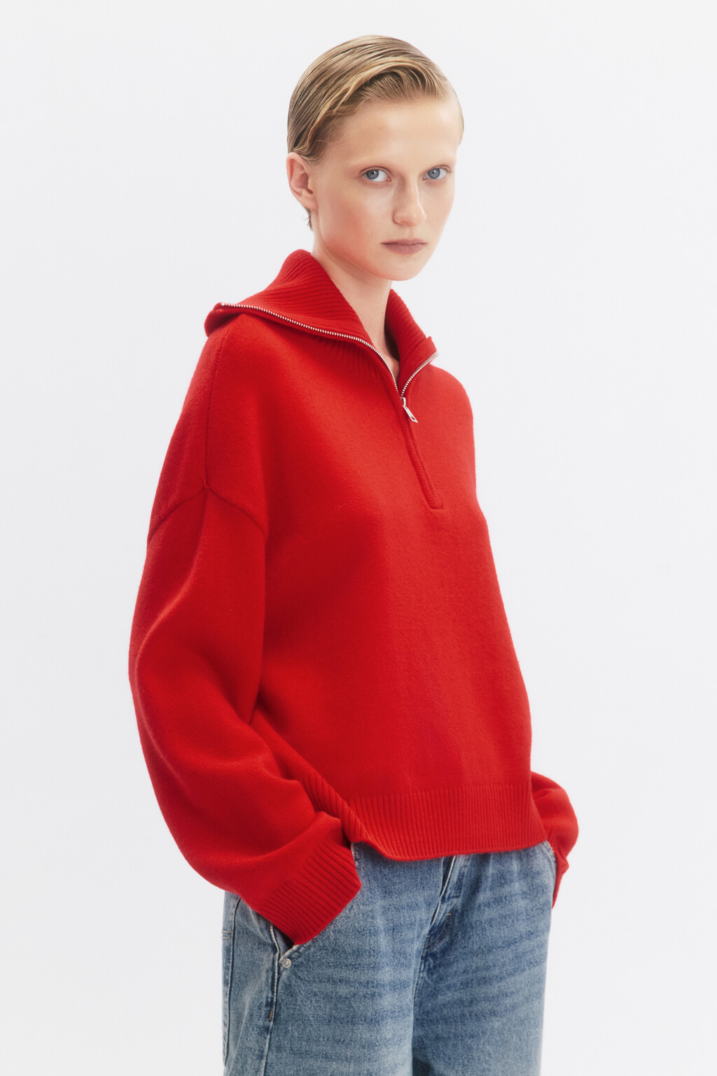 Джемпер вязаный с воротником на молнии - цвет красный - 3