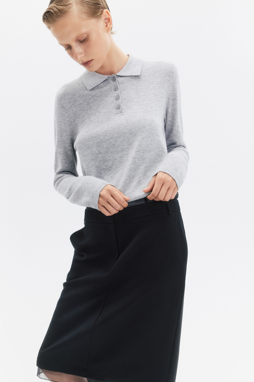 Джемпер тонкой вязки с воротником-поло - цвет серый - 1