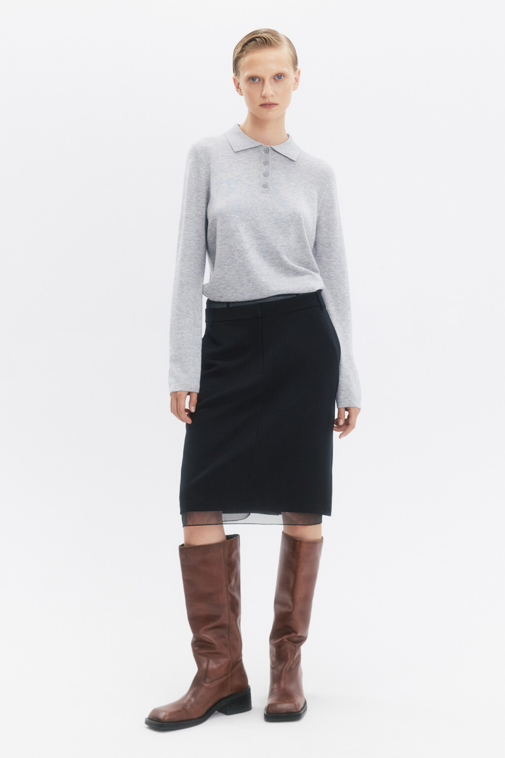 Джемпер тонкой вязки с воротником-поло - цвет серый - 5