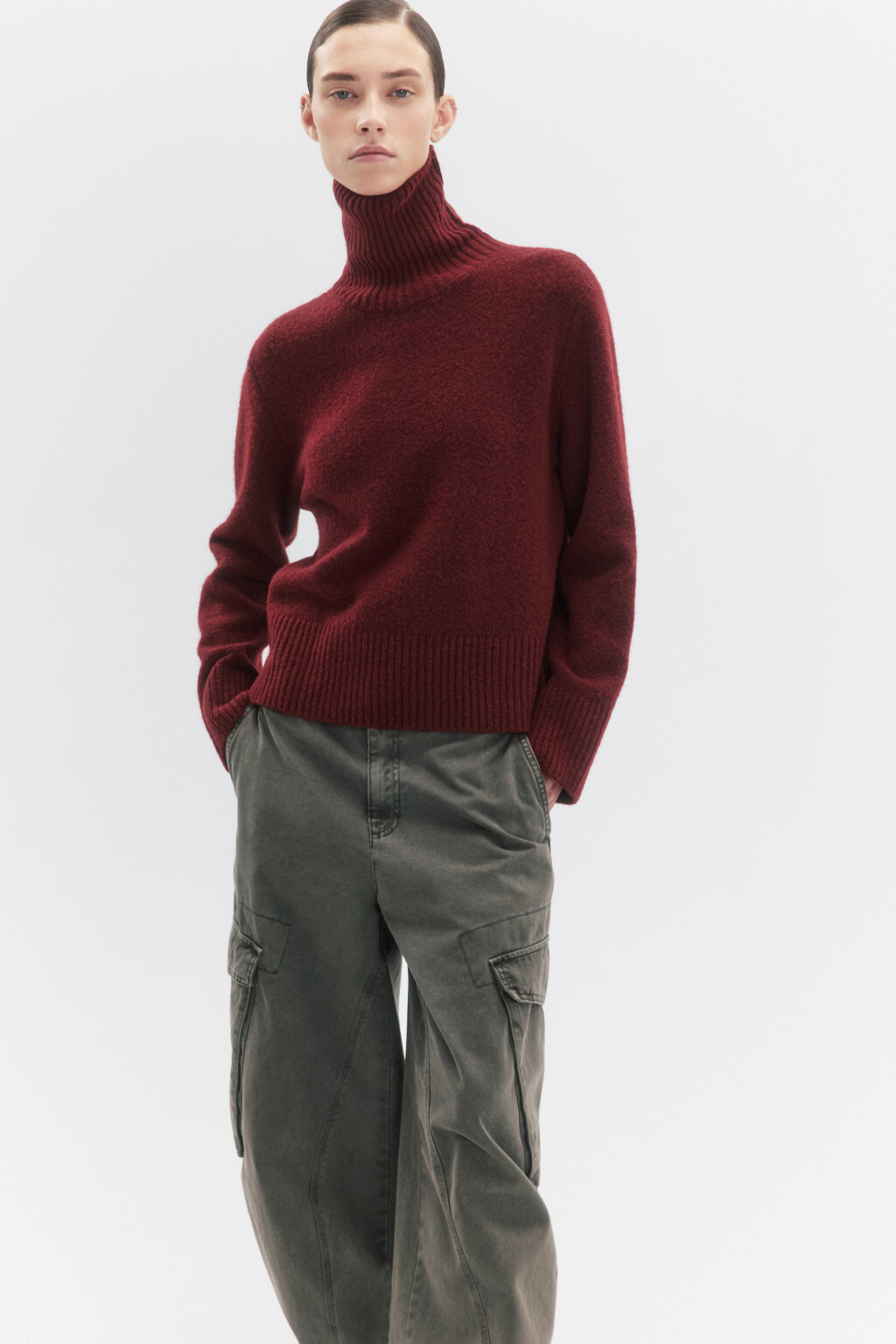 Свитер с горлом укороченный в полоску - цвет бордовый - 4