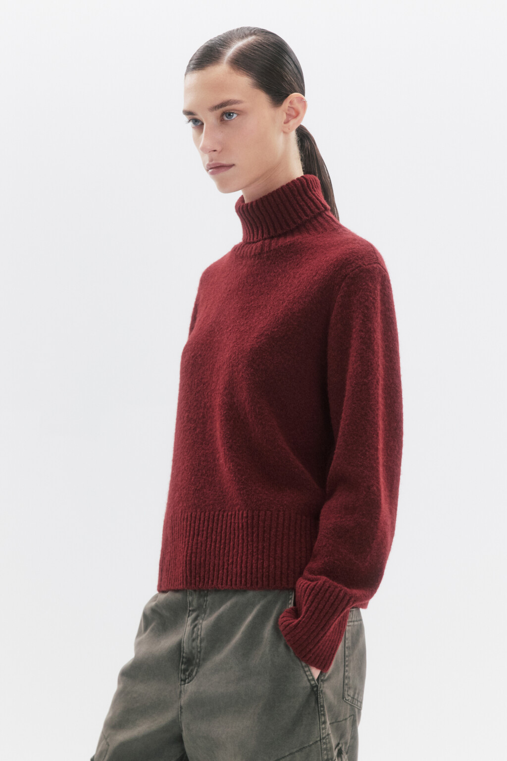 Свитер с горлом укороченный в полоску - цвет бордовый - 2