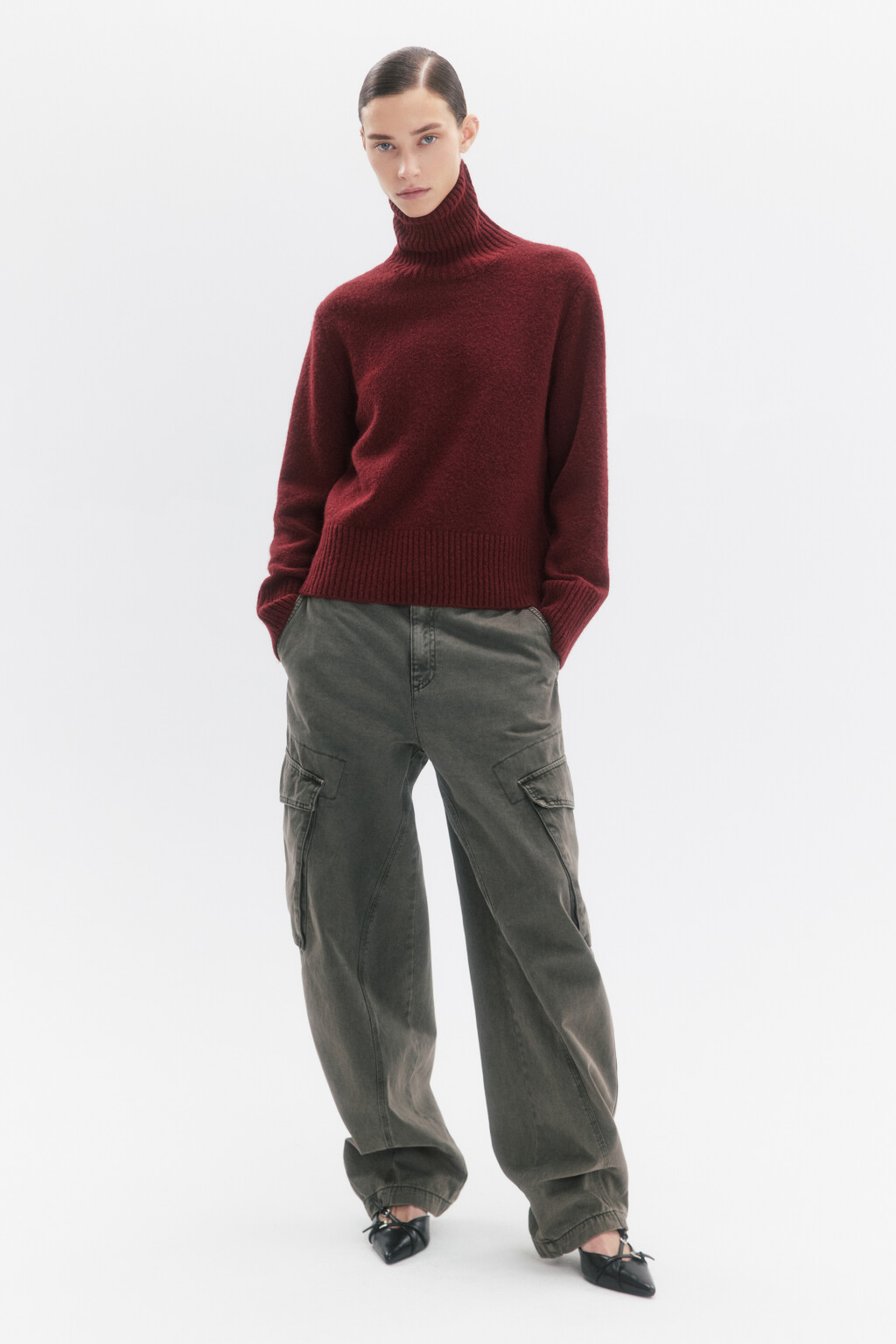 Свитер с горлом укороченный в полоску - цвет бордовый - 5